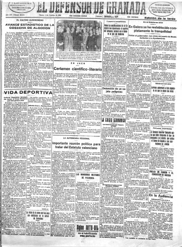 'El Defensor de Granada  : diario político independiente' - Año LIII Número 28293 Ed. Tarde - 1932 Octubre 04