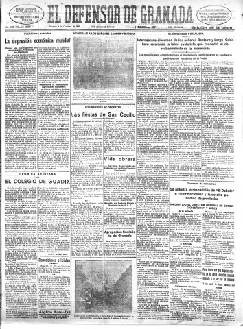 'El Defensor de Granada  : diario político independiente' - Año LIII Número 28299 Ed. Tarde - 1932 Octubre 07