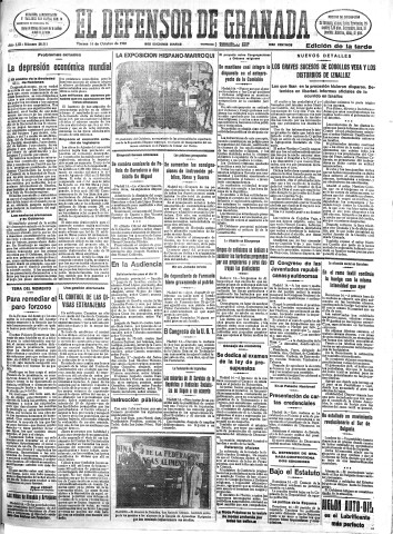 'El Defensor de Granada  : diario político independiente' - Año LIII Número 28311 Ed. Tarde - 1932 Octubre 14