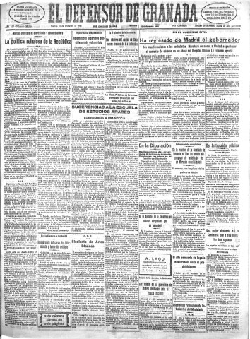 'El Defensor de Granada  : diario político independiente' - Año LIII Número 28316 Ed. Mañana - 1932 Octubre 18