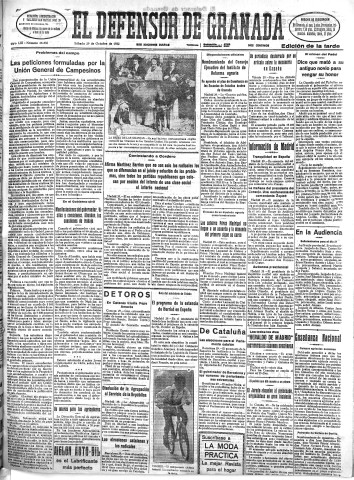 'El Defensor de Granada  : diario político independiente' - Año LIII Número 28336 Ed. Tarde - 1932 Octubre 29