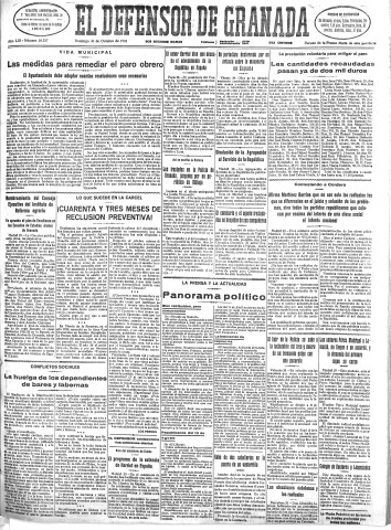 'El Defensor de Granada  : diario político independiente' - Año LIII Número 28337 Ed. Mañana - 1932 Octubre 30