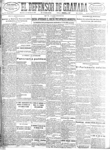 'El Defensor de Granada  : diario político independiente' - Año LIII Número 28415 Ed. Mañana - 1932 Diciembre 14