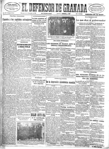 'El Defensor de Granada  : diario político independiente' - Año LIII Número 28416 Ed. Tarde - 1932 Diciembre 14