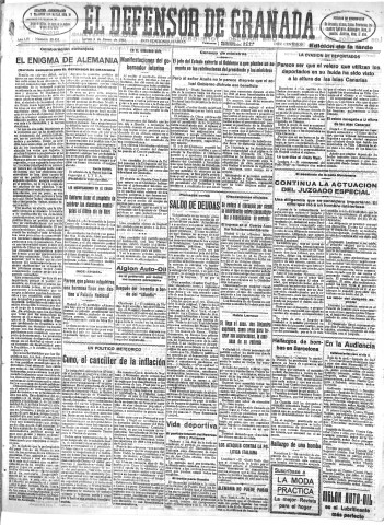 'El Defensor de Granada  : diario político independiente' - Año LIV Número 28452 Ed. Tarde - 1933 Enero 05