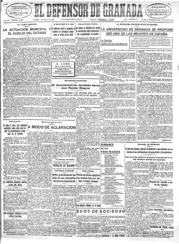 'El Defensor de Granada  : diario político independiente' - Año LIV Número 28453 Ed. Mañana - 1933 Enero 06