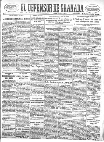 'El Defensor de Granada  : diario político independiente' - Año LIV Número 28456 Ed. Tarde - 1933 Enero 07