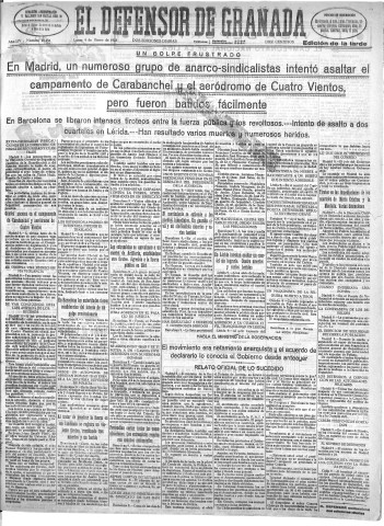 'El Defensor de Granada  : diario político independiente' - Año LIV Número 28458 Ed. Tarde - 1933 Enero 09