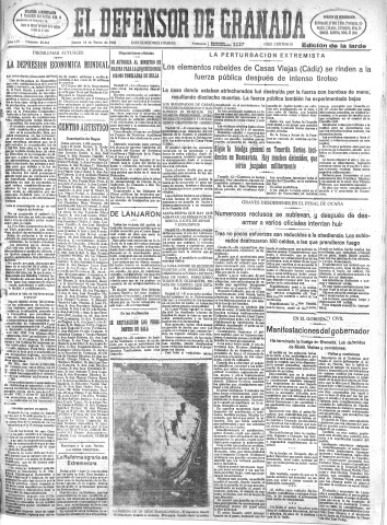 'El Defensor de Granada  : diario político independiente' - Año LIV Número 28464 Ed. Tarde - 1933 Enero 12