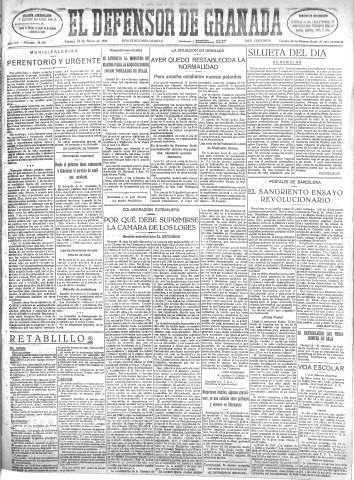 'El Defensor de Granada  : diario político independiente' - Año LIV Número 28465 Ed. Mañana - 1933 Enero 13