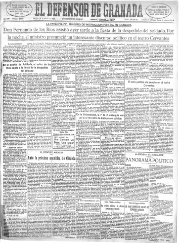'El Defensor de Granada  : diario político independiente' - Año LIV Número 28477 Ed. Mañana - 1933 Enero 20