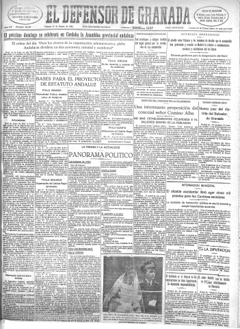 'El Defensor de Granada  : diario político independiente' - Año LIV Número 28489 Ed. Mañana - 1933 Enero 27
