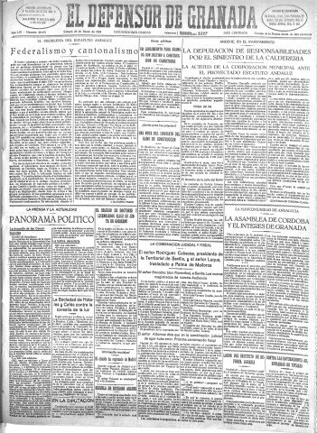 'El Defensor de Granada  : diario político independiente' - Año LIV Número 28491 Ed. Mañana - 1933 Enero 28