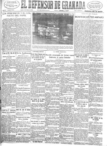 'El Defensor de Granada  : diario político independiente' - Año LIV Número 28494 Ed. Tarde - 1933 Enero 30