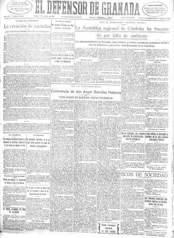 'El Defensor de Granada  : diario político independiente' - Año LIV Número 28495 Ed. Mañana - 1933 Enero 31