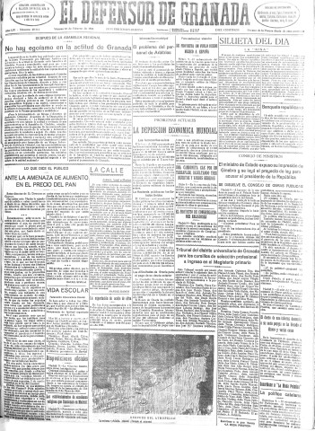 'El Defensor de Granada  : diario político independiente' - Año LIV Número 28513 Ed. Mañana - 1933 Febrero 10