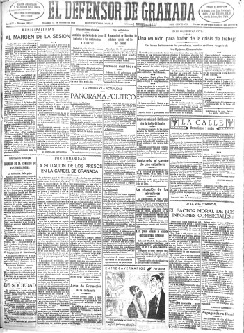 'El Defensor de Granada  : diario político independiente' - Año LIV Número 28517 Ed. Mañana - 1933 Febrero 12