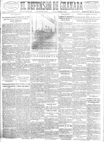 'El Defensor de Granada  : diario político independiente' - Año LIV Número 28519 Ed. Tarde - 1933 Febrero 14