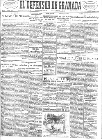 'El Defensor de Granada  : diario político independiente' - Año LIV Número 28520 Ed. Mañana - 1933 Febrero 15