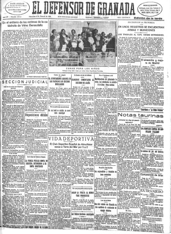 'El Defensor de Granada  : diario político independiente' - Año LIV Número 28521 Ed. Tarde - 1933 Febrero 15