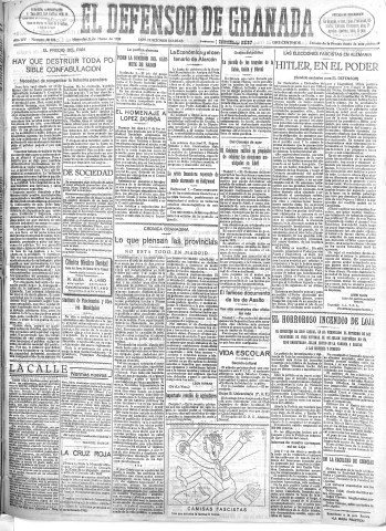 'El Defensor de Granada  : diario político independiente' - Año LIV Número 28556 Ed. Mañana - 1933 Marzo 08