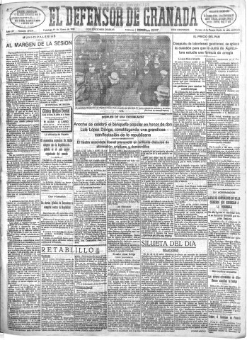 'El Defensor de Granada  : diario político independiente' - Año LIV Número 28576 Ed. Mañana - 1933 Marzo 19