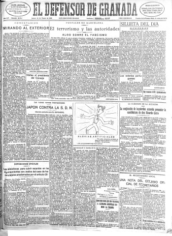 'El Defensor de Granada  : diario político independiente' - Año LIV Número 28594 Ed. Mañana - 1933 Marzo 30