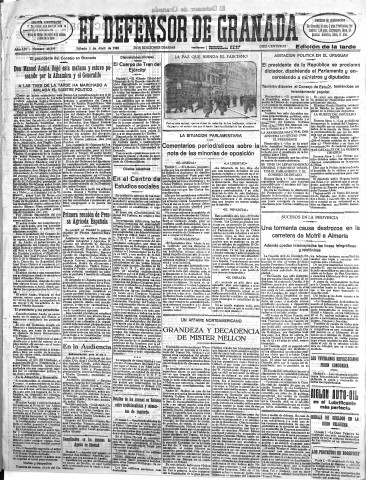 'El Defensor de Granada  : diario político independiente' - Año LIV Número 28599 Ed. Tarde - 1933 Abril 01