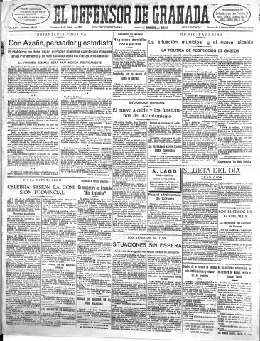 'El Defensor de Granada  : diario político independiente' - Año LIV Número 28600 Ed. Mañana - 1933 Abril 02