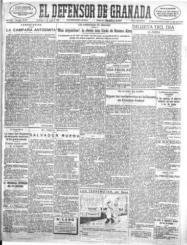 'El Defensor de Granada  : diario político independiente' - Año LIV Número 28604 Ed. Mañana - 1933 Abril 05