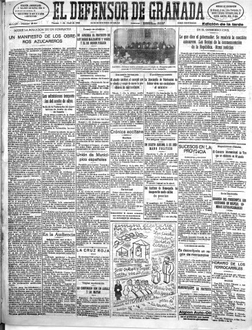 'El Defensor de Granada  : diario político independiente' - Año LIV Número 28609 Ed. Tarde - 1933 Abril 07