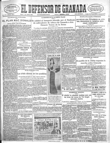 'El Defensor de Granada  : diario político independiente' - Año LIV Número 28614 Ed. Mañana - 1933 Abril 11