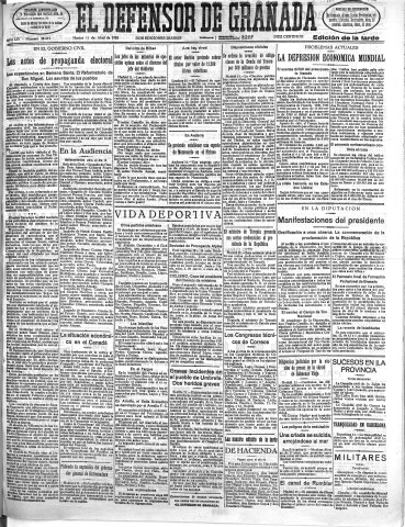 'El Defensor de Granada  : diario político independiente' - Año LIV Número 28615 Ed. Tarde - 1933 Abril 11