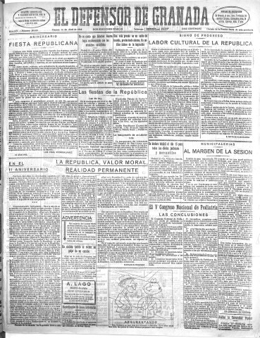'El Defensor de Granada  : diario político independiente' - Año LIV Número 28620 Ed. Mañana - 1933 Abril 14