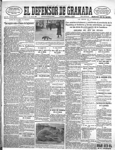'El Defensor de Granada  : diario político independiente' - Año LIV Número 28621 Ed. Tarde - 1933 Abril 15