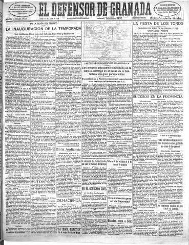 'El Defensor de Granada  : diario político independiente' - Año LIV Número 28623 Ed. Tarde - 1933 Abril 17