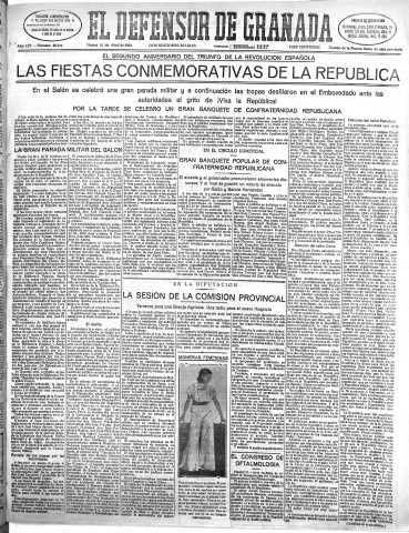 'El Defensor de Granada  : diario político independiente' - Año LIV Número 28624 Ed. Mañana - 1933 Abril 18