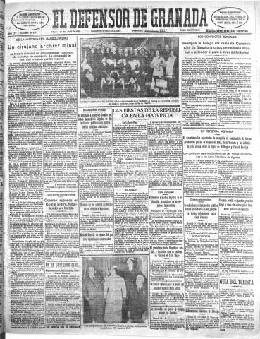 'El Defensor de Granada  : diario político independiente' - Año LIV Número 28625 Ed. Tarde - 1933 Abril 18