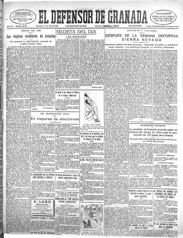 'El Defensor de Granada  : diario político independiente' - Año LIV Número 28626 Ed. Mañana - 1933 Abril 19