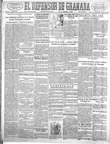 'El Defensor de Granada  : diario político independiente' - Año LIV Número 28628 Ed. Mañana - 1933 Abril 20
