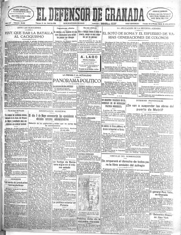 'El Defensor de Granada  : diario político independiente' - Año LIV Número 28630 Ed. Mañana - 1933 Abril 21