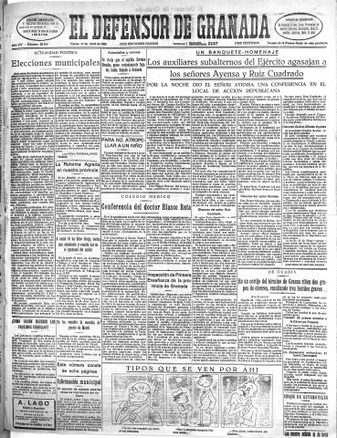 'El Defensor de Granada  : diario político independiente' - Año LIV Número 28636 Ed. Mañana - 1933 Abril 25