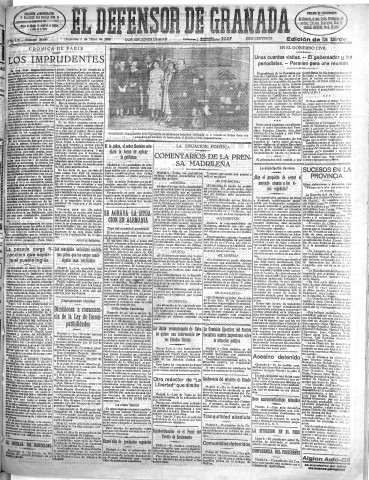 'El Defensor de Granada  : diario político independiente' - Año LIV Número 28648 Ed. Tarde - 1933 Mayo 03