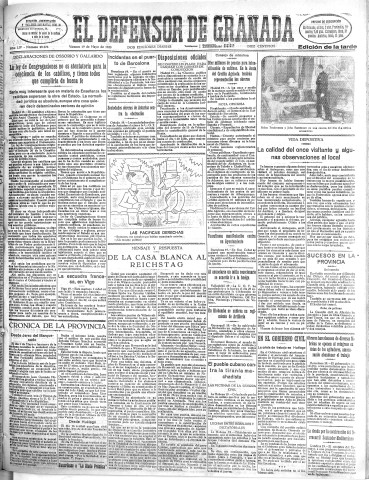 'El Defensor de Granada  : diario político independiente' - Año LIV Número 28676 Ed. Tarde - 1933 Mayo 19