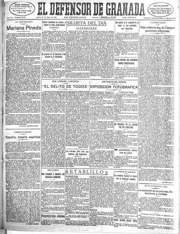 'El Defensor de Granada  : diario político independiente' - Año LIV Número 28685 Ed. Mañana - 1933 Mayo 25