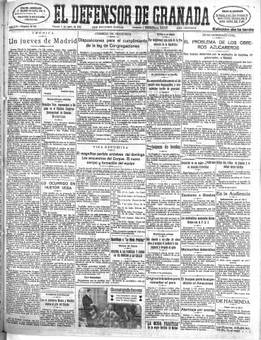 'El Defensor de Granada  : diario político independiente' - Año LIV Número 28700 Ed. Tarde - 1933 Junio 02