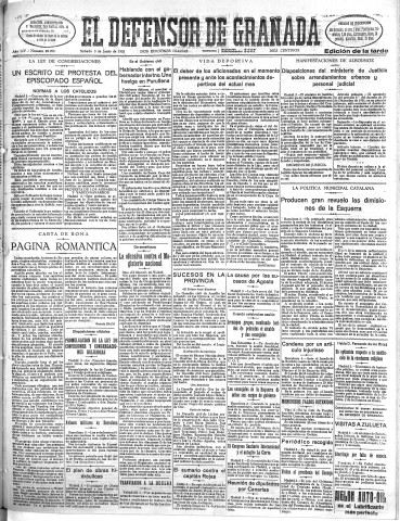 'El Defensor de Granada  : diario político independiente' - Año LIV Número 28702 Ed. Tarde - 1933 Junio 03