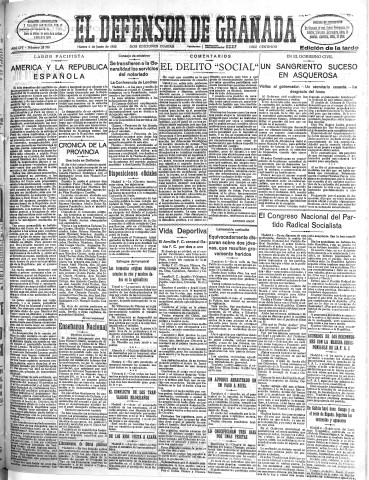 'El Defensor de Granada  : diario político independiente' - Año LIV Número 28706 Ed. Tarde - 1933 Junio 06