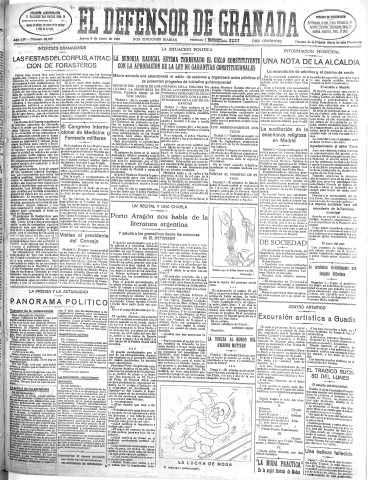 'El Defensor de Granada  : diario político independiente' - Año LIV Número 28709 Ed. Mañana - 1933 Junio 08