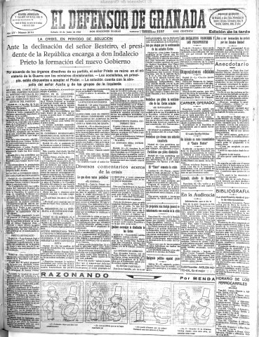'El Defensor de Granada  : diario político independiente' - Año LIV Número 28714 Ed. Tarde - 1933 Junio 10